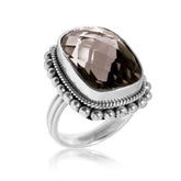Sterling silver ring with faceted Smoky Quartz and Balinese bead details – handcrafted artisan statement jewelry.